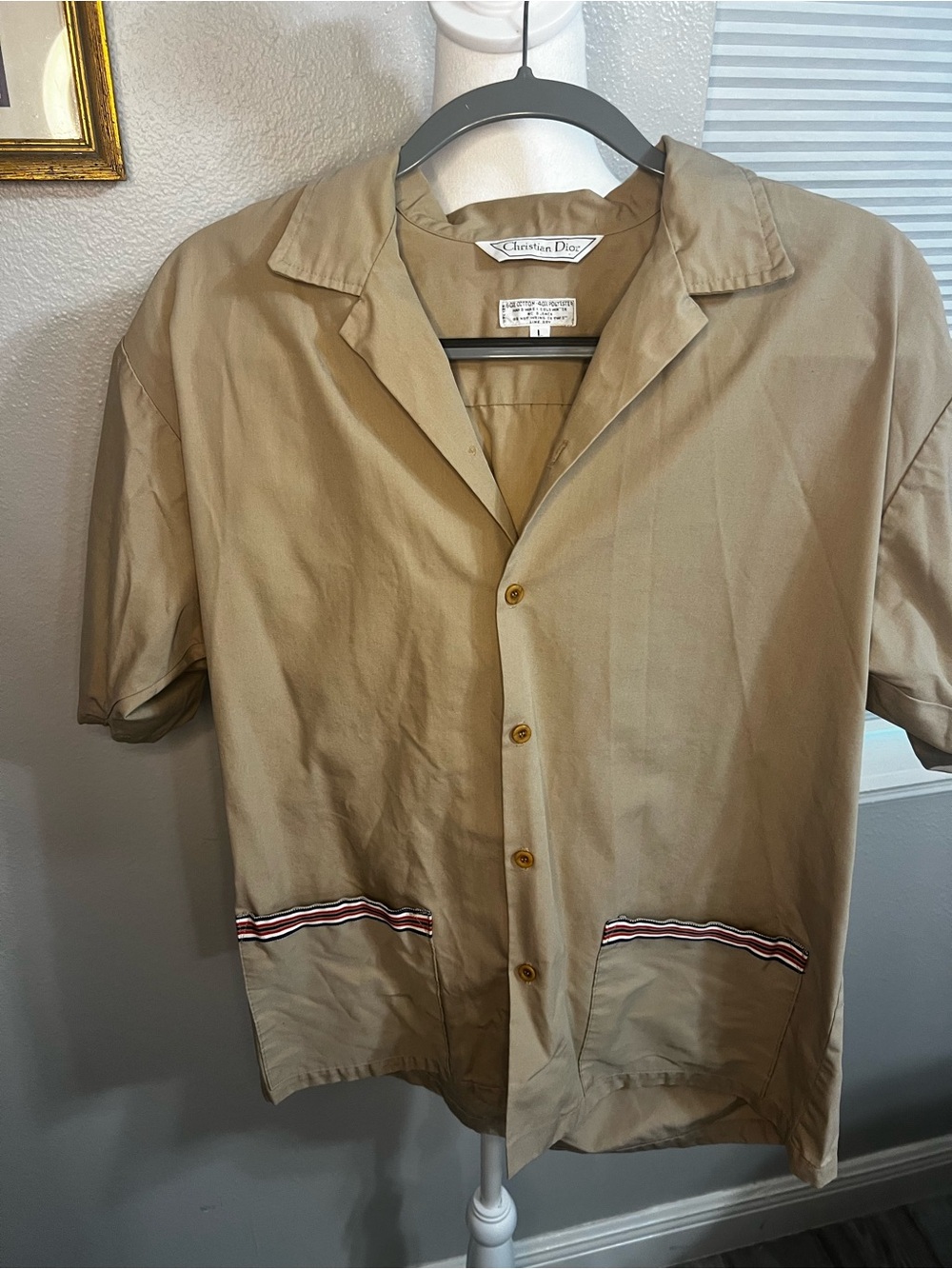 Vintage Christian Dior Work Shirt Button-Down Women's Large Tan, Blue White red - Picture 9 of 16